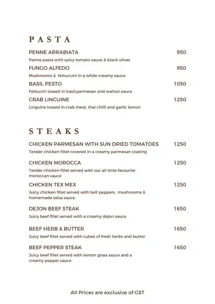  Pasta & Steaks Menu along their Prices