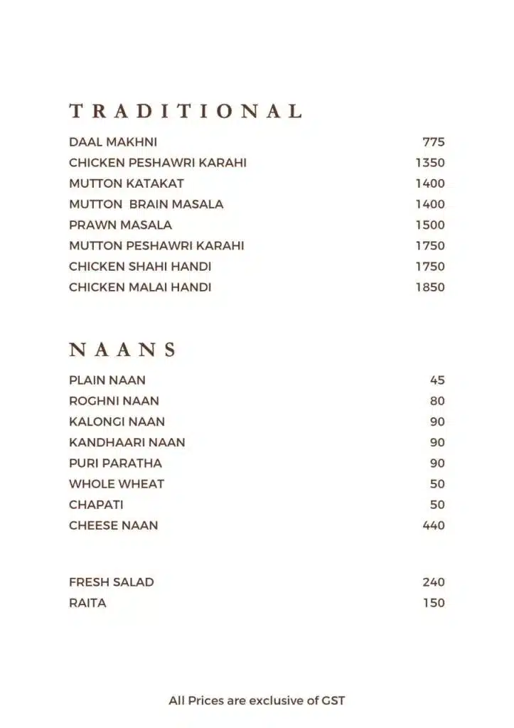 Traditional Dishes and Naans Menu with their prices