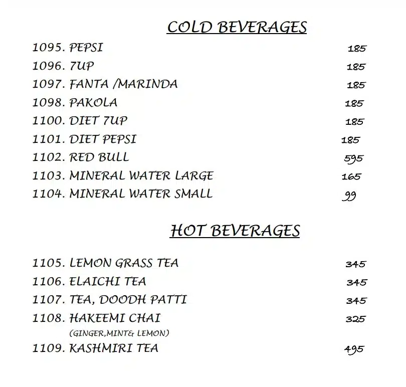 Cold & Hot Beverage menu Items & Prices