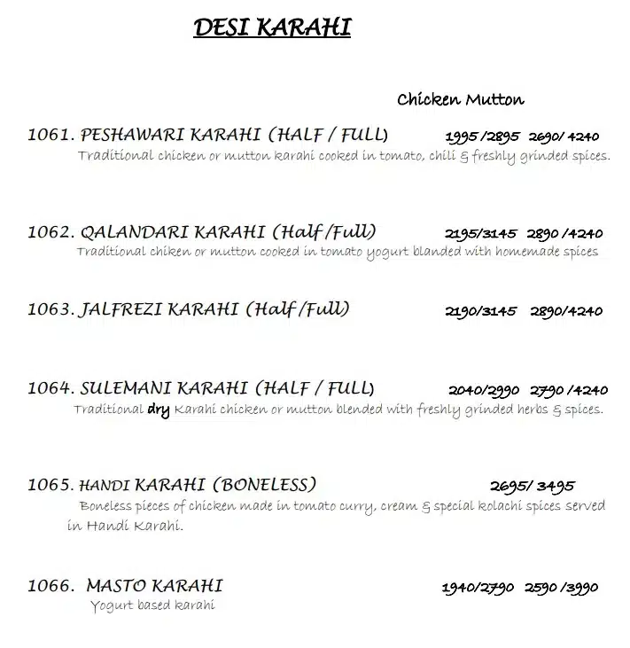 DESI KARAHI Menu Prices