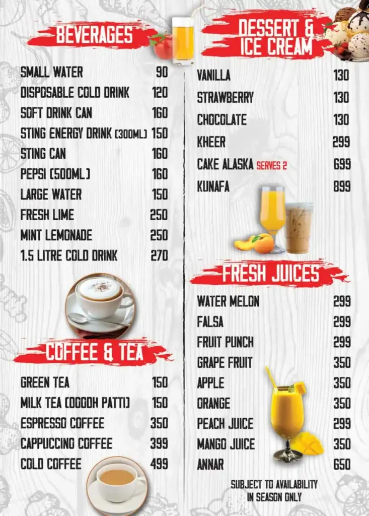 Beverage, Coffee & Tea, Fresh Juice,  Ice-cream & Dessert Hot-N-Spicy Menu Prices