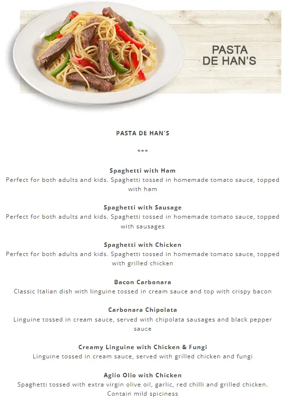 Han's Pasta De Han’s Menu Prices