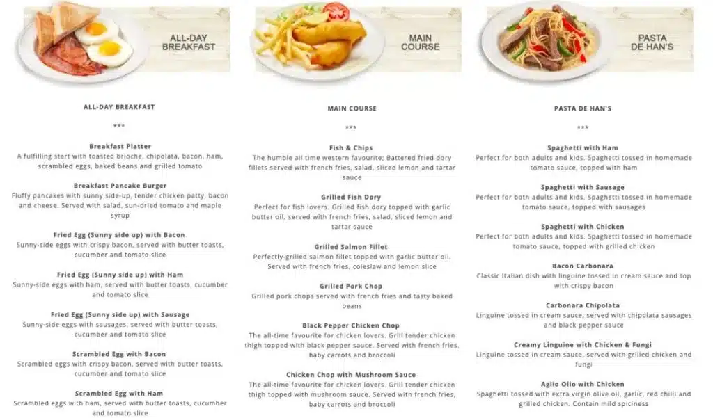 Hans Singapore Menu Prices