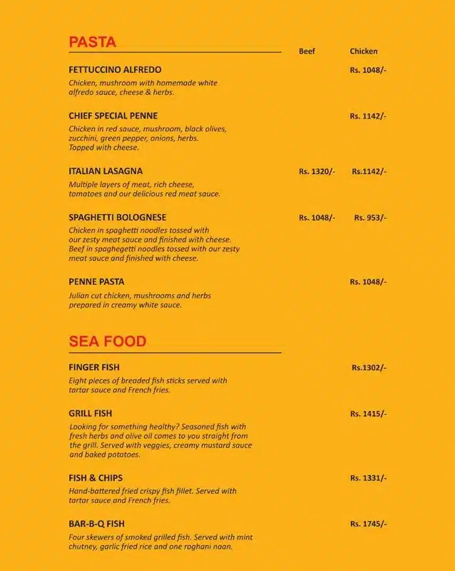 Chief Grill Pasta and Sea Food menu Prices