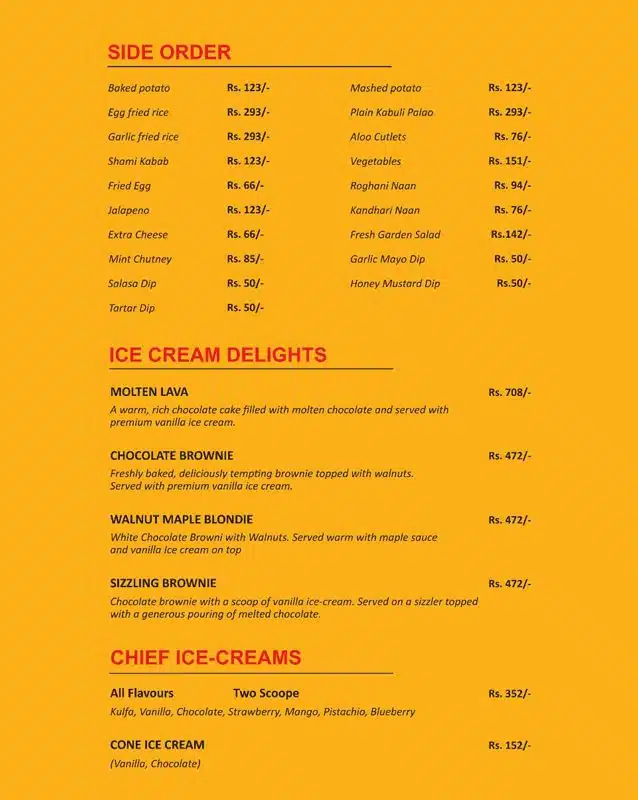 Chief Grill Side Orders, Ice Cream Delights and Ice-Cream Menu Prices