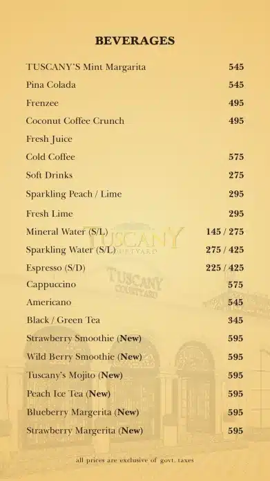 Beverage Menu Price