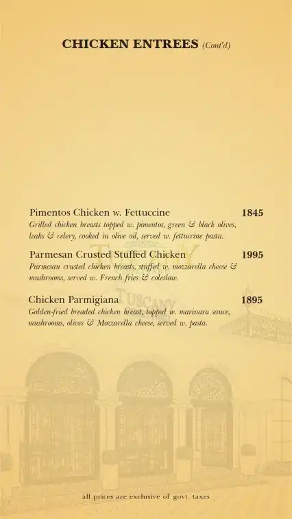 Tuscany Courtyard Chicken Entrees Menu Price page 2