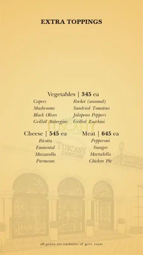 Extra Topping Menu of Tuscany Courtyard 