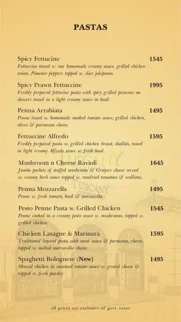 Tuscany Courtyard Pasta Menu Price