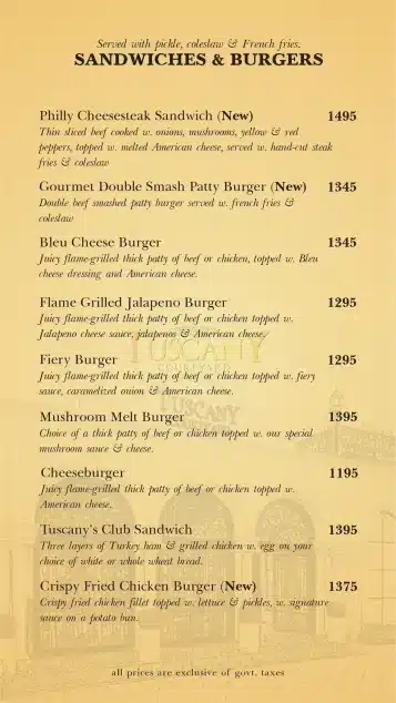 Tuscany Courtyard Sandwich & Burger Menu Price