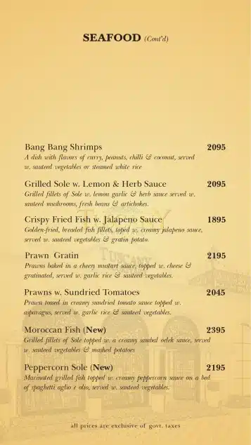 Seafood Menu Price of Tuscany Courtyard