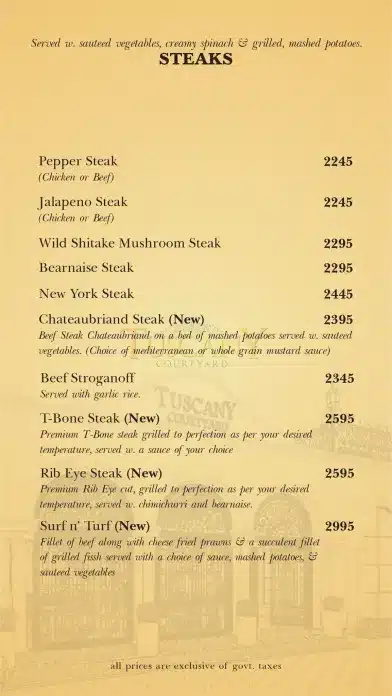 Tuscany Courtyard Steak Menu Price