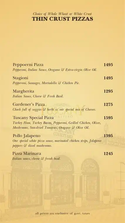 Tuscany Courtyard Thin Crust Pizza Menu Price