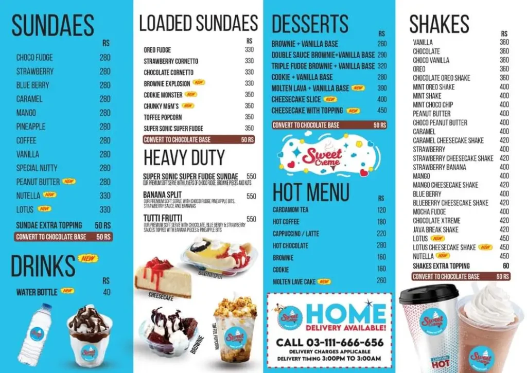 sweet cream menu